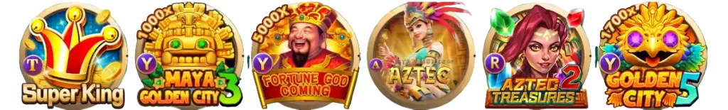 Biểu tượng các trò chơi nổi bật trên OK365 Trang chủ gồm Super King, Golden City, Aztec, Aztec Treasure và Golden City 5.